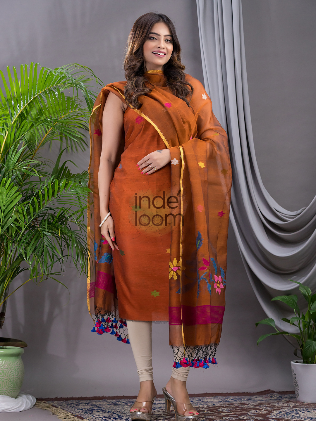 Alloy Orange Cotton Silk Jamdani 2-Piece Set Kurti & Dupatta (UNSTITCHED) - 126