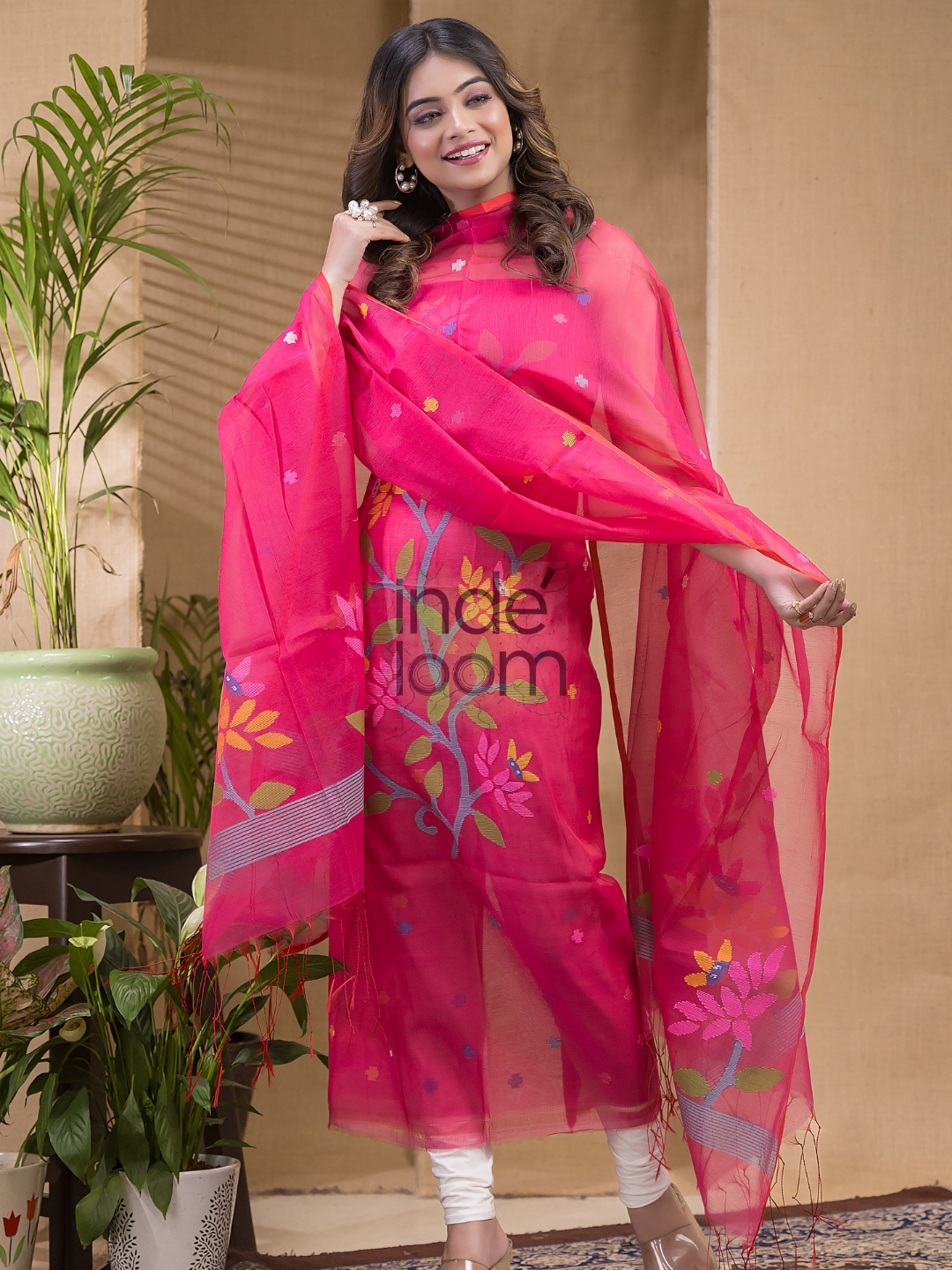 Peach Pink Jamdani 2-Piece Set Kurti & Dupatta (UNSTITCHED) -675
