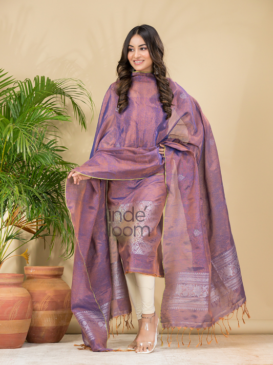 Light Pink Tissue Linen Silver Zari Jamdani 2-Piece Set Kurti & Dupatta (UNSTITCHED) - 883