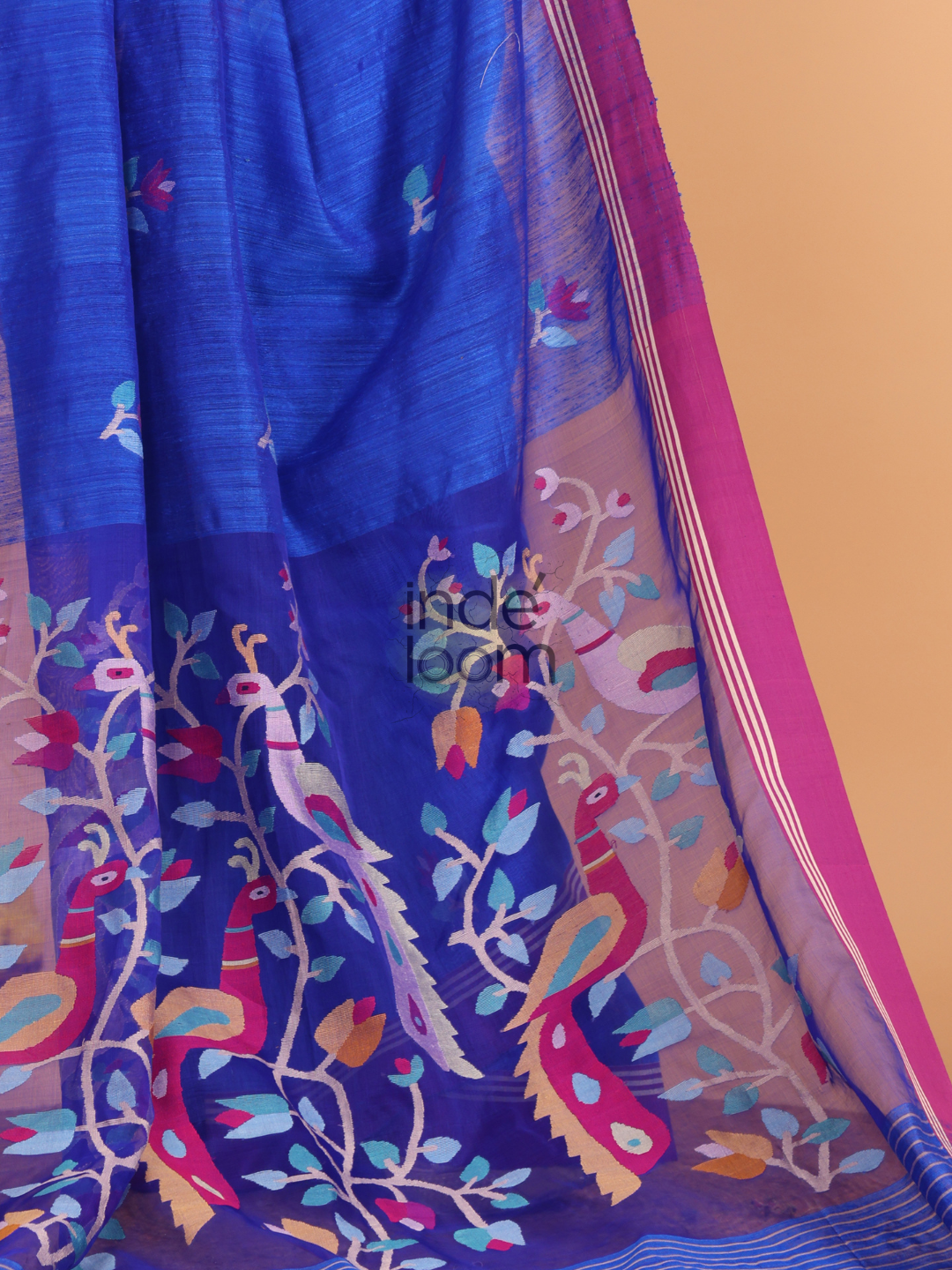 Silk Jamdani Saree With Burgundy Indigo Blue - 157