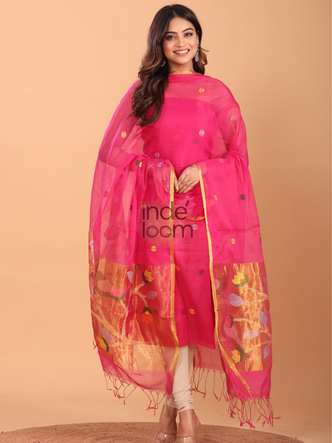Deep Pink Muslin Jamdani 2-Piece Set Kurti & Dupatta (UNSTITCHED) - 080