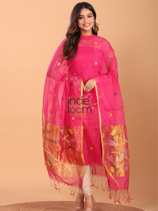 Deep Pink Muslin Jamdani 2-Piece Set Kurti & Dupatta (UNSTITCHED) - 080