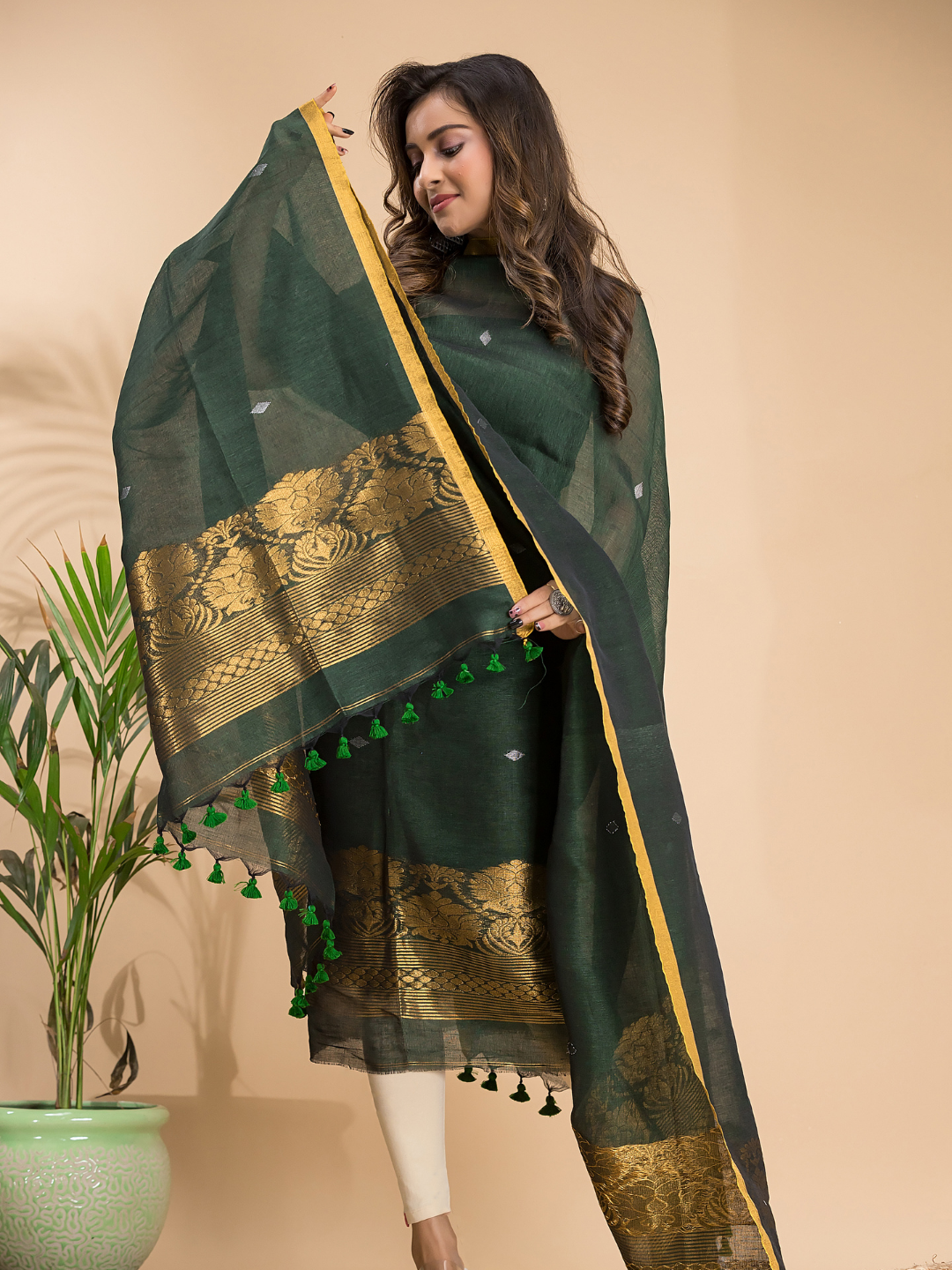Dark Green Cotton Linen 2-Piece Set Kurti & Dupatta (UNSTITCHED) - 104