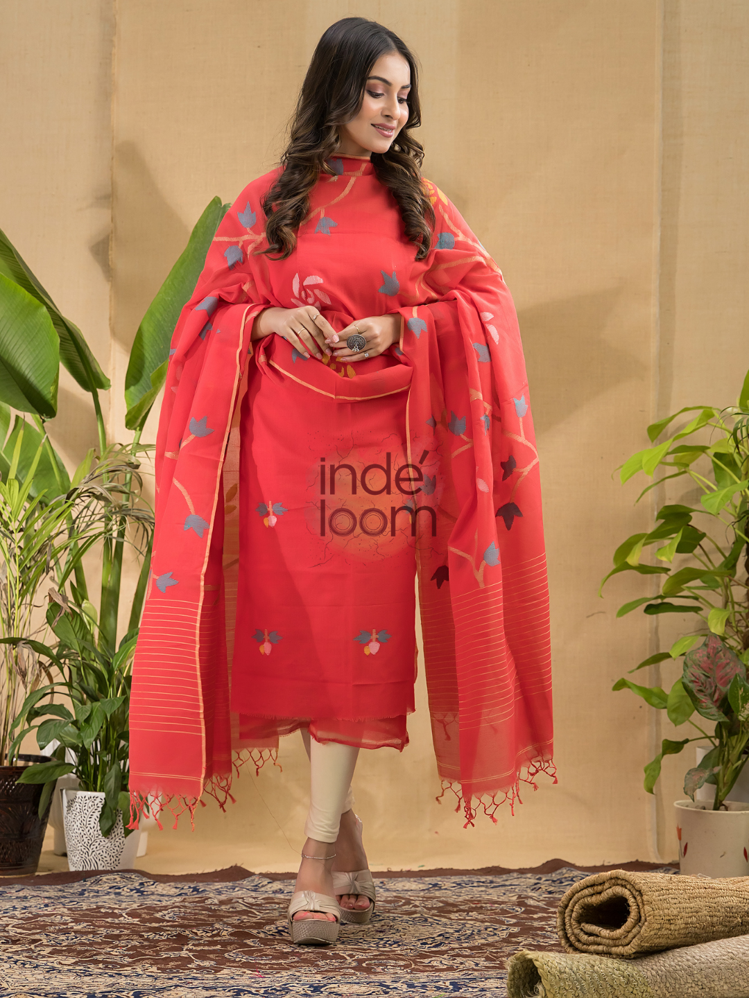 Imperial Red Jamdani 2-Piece Set Kurti & Dupatta (UNSTITCHED) -734