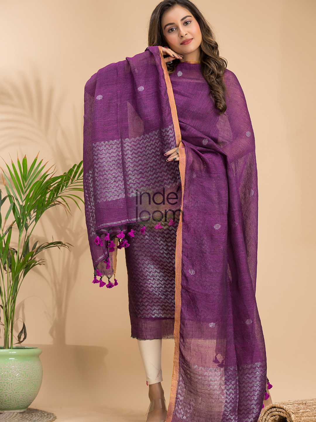 Plum Purple | Handloom Jamdani Linen Unstitched 2-Piece Kurti