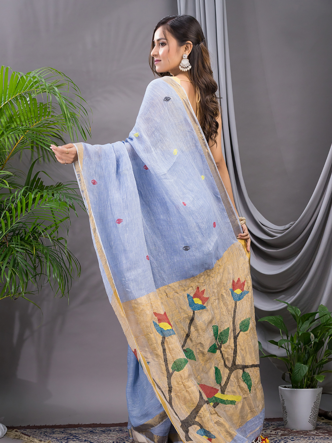 Linen Jamdani Saree With Ocean Blue - 028