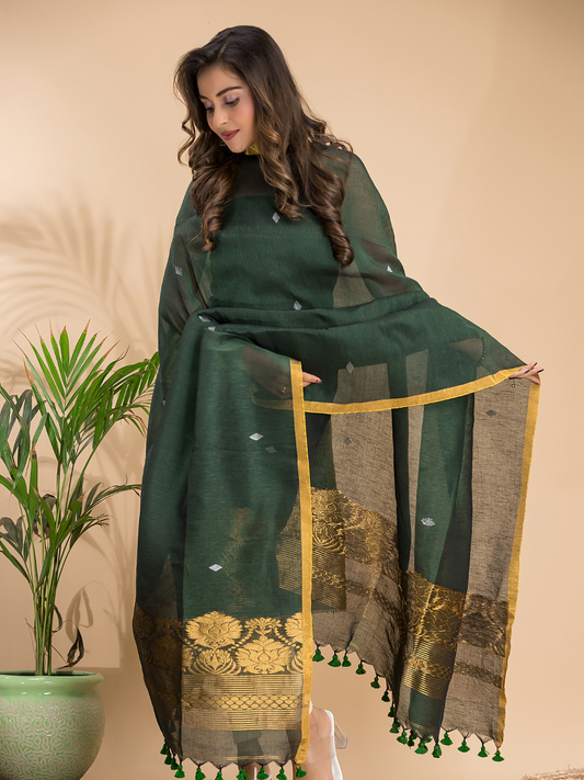 Dark Green Cotton Linen 2-Piece Set Kurti & Dupatta (UNSTITCHED) - 104