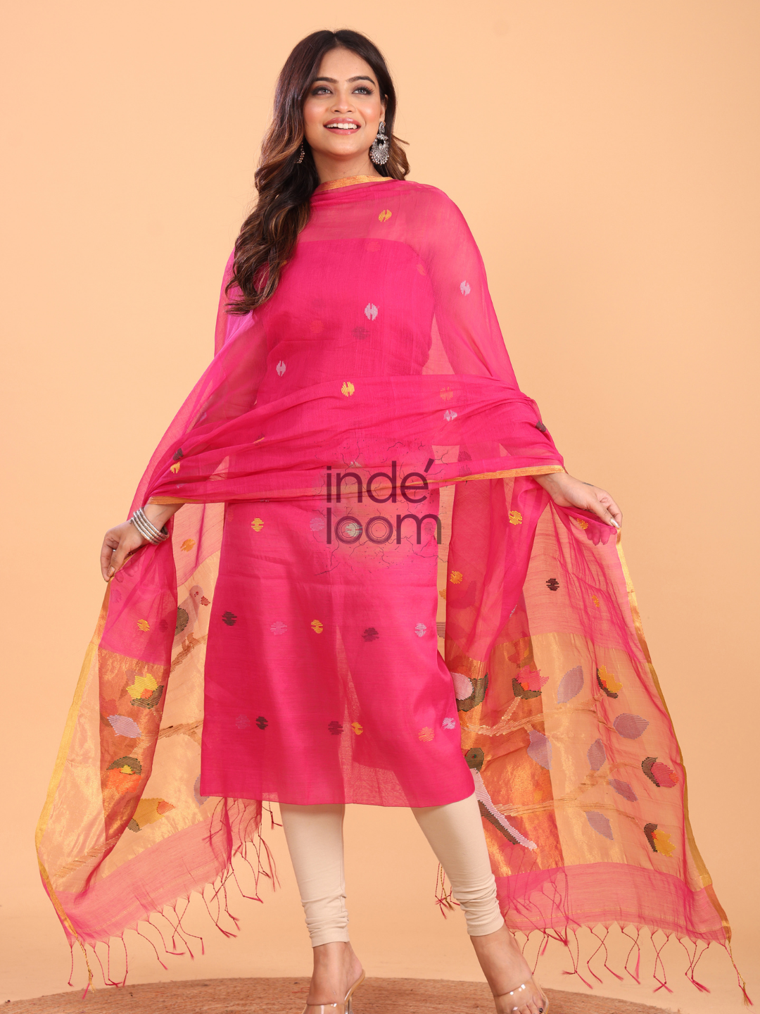 Deep Pink Muslin Jamdani 2-Piece Set Kurti & Dupatta (UNSTITCHED) - 080