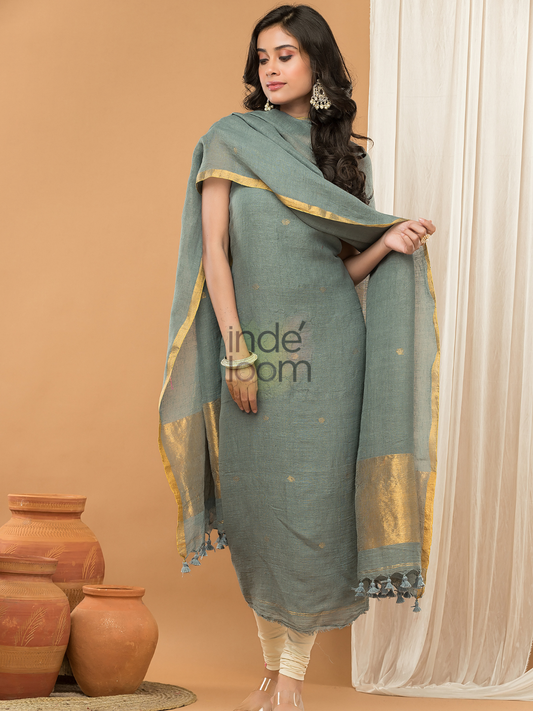 Grey Green color with cream shade Jamdani 2-Piece Set Kurti & Dupatta (UNSTITCHED) - 163