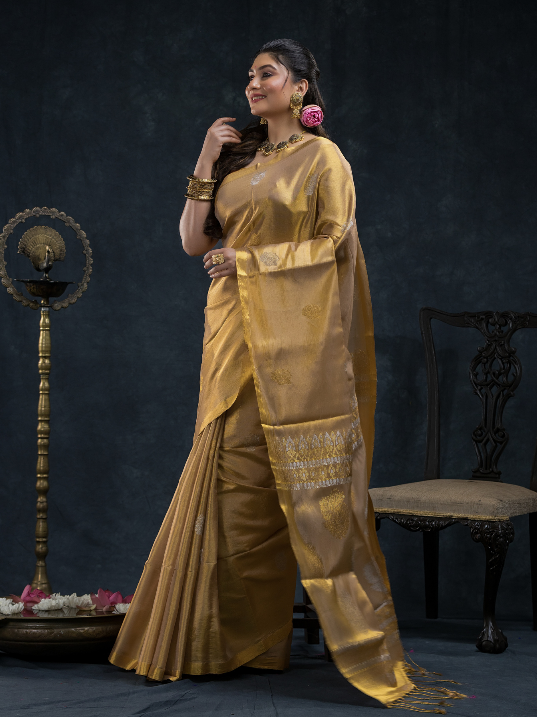 Tissue Silk Saree In Metallic Gold And Golden Border -025
