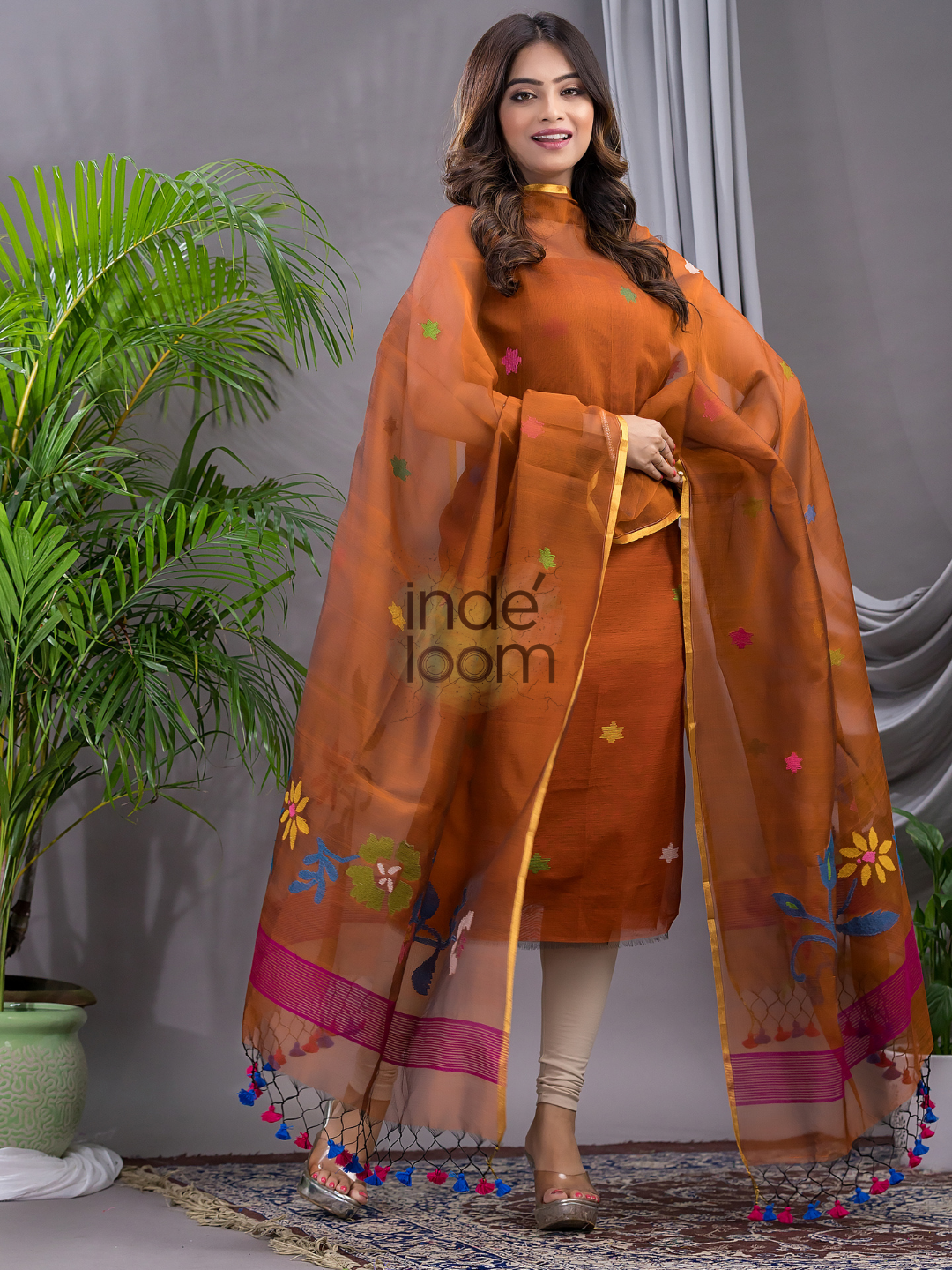 Alloy Orange Cotton Silk Jamdani 2-Piece Set Kurti & Dupatta (UNSTITCHED) - 126