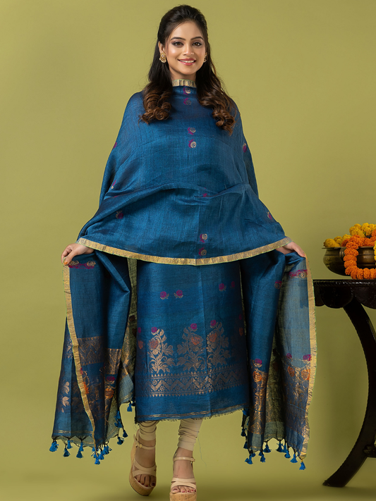 Handwoven Jamdani Linen Unstitched 2-piece Kurti | Teal Blue