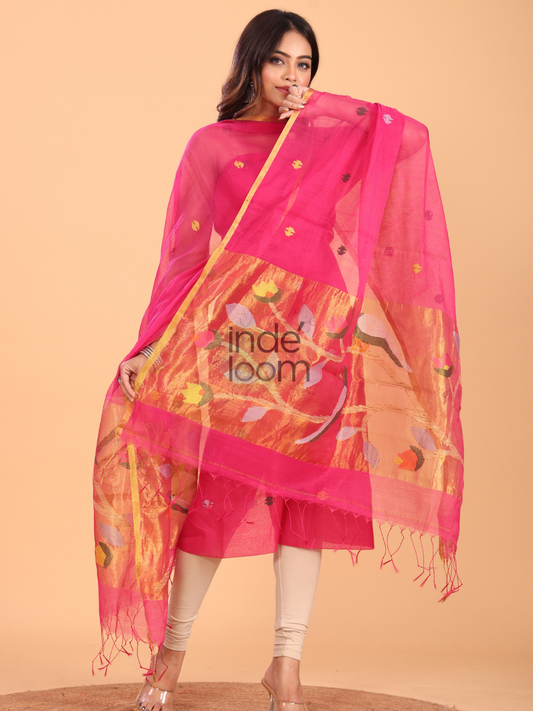 Deep Pink Muslin Jamdani 2-Piece Set Kurti & Dupatta (UNSTITCHED) - 080