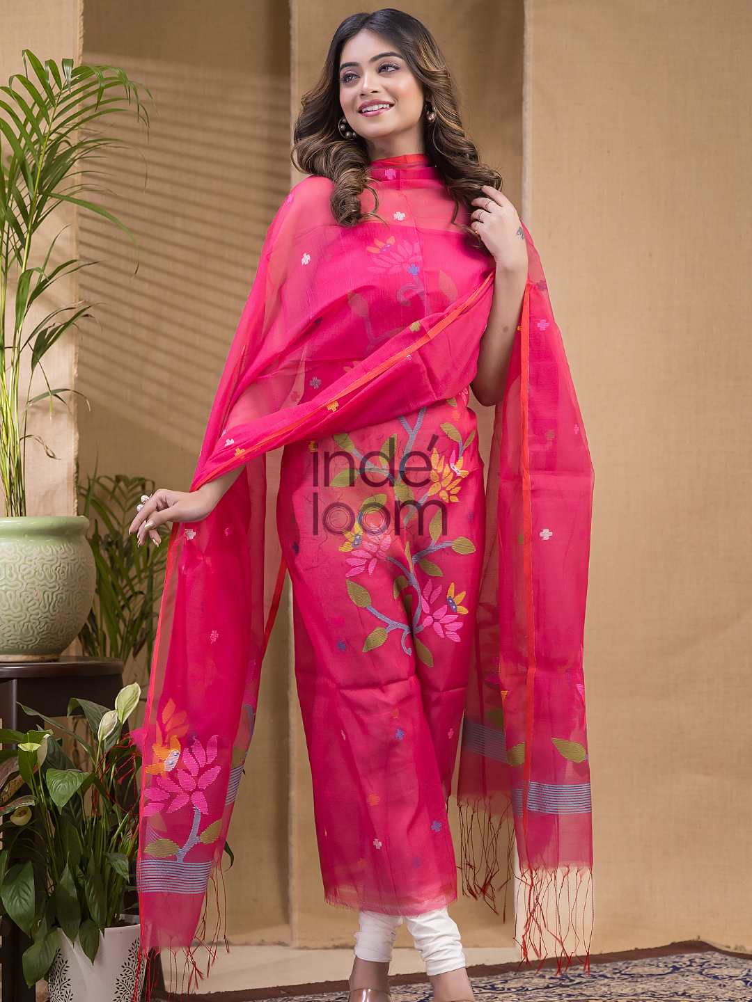 Peach Pink Jamdani 2-Piece Set Kurti & Dupatta (UNSTITCHED) -675