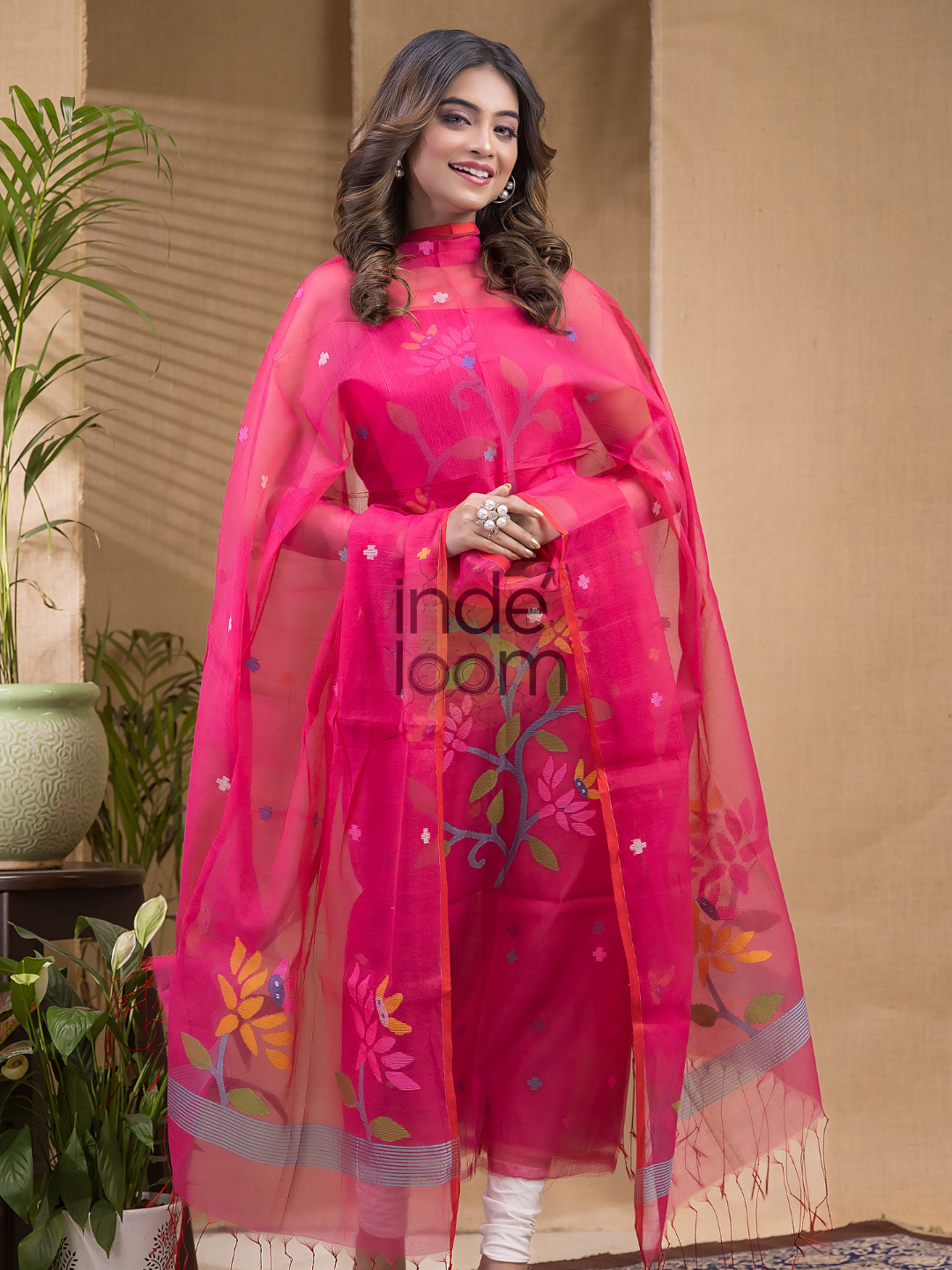 Peach Pink Jamdani 2-Piece Set Kurti & Dupatta (UNSTITCHED) -675