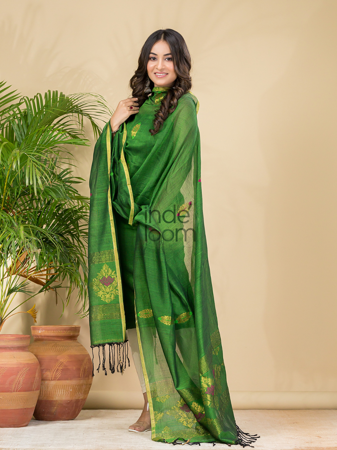 Jungle Green Mercerised Cotton Meenakari Motif 2-Piece Kurti & Dupatta (UNSTITCHED)-871