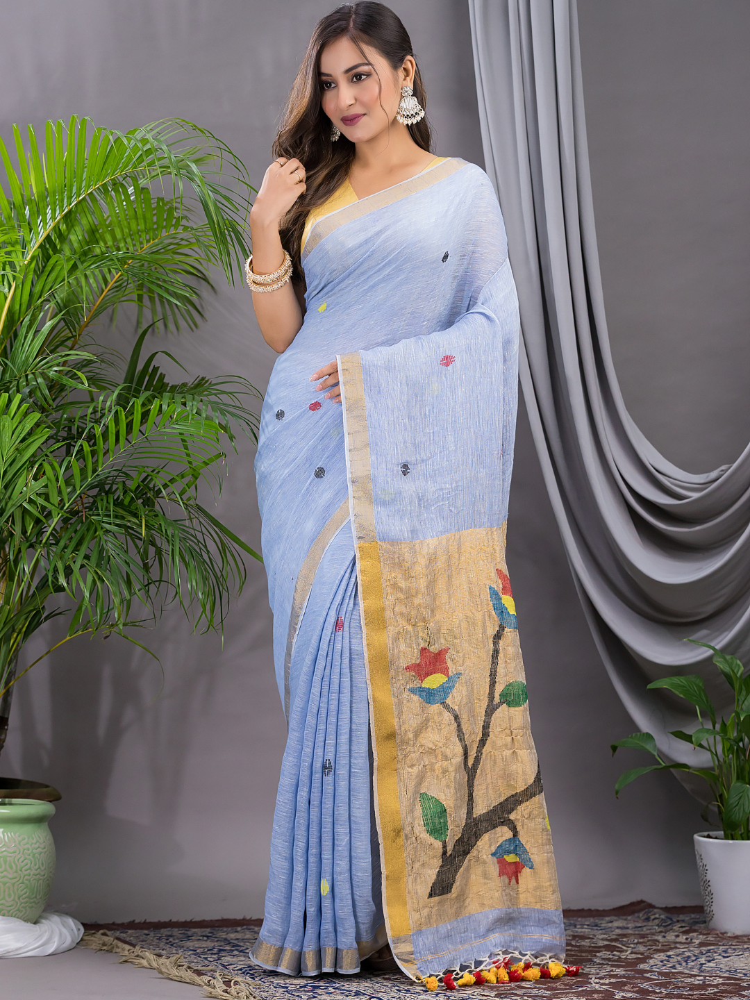 Linen Jamdani Saree With Ocean Blue - 028