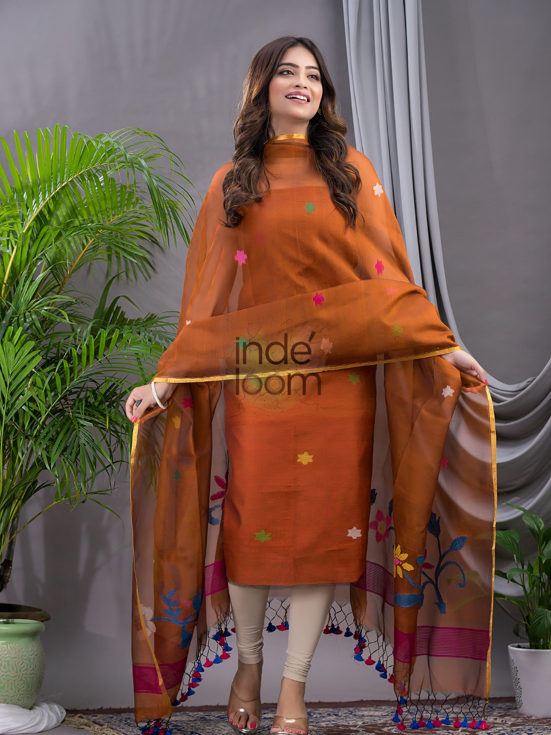 Alloy Orange Cotton Silk Jamdani 2-Piece Set Kurti & Dupatta (UNSTITCHED) - 126
