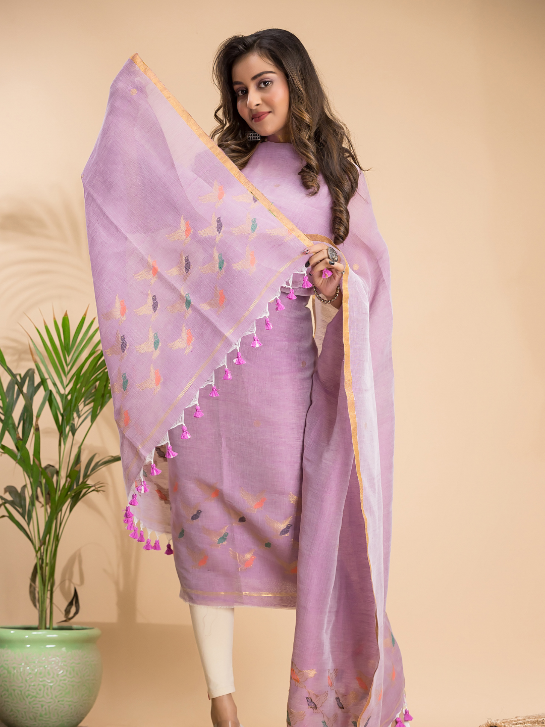 Baby Pink Cotton Linen 2-Piece Set Kurti & Dupatta (UNSTITCHED) - 105