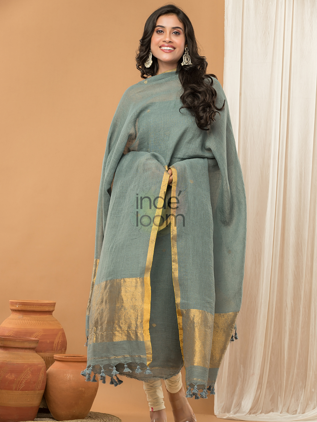 Grey Green color with cream shade Jamdani 2-Piece Set Kurti & Dupatta (UNSTITCHED) - 163