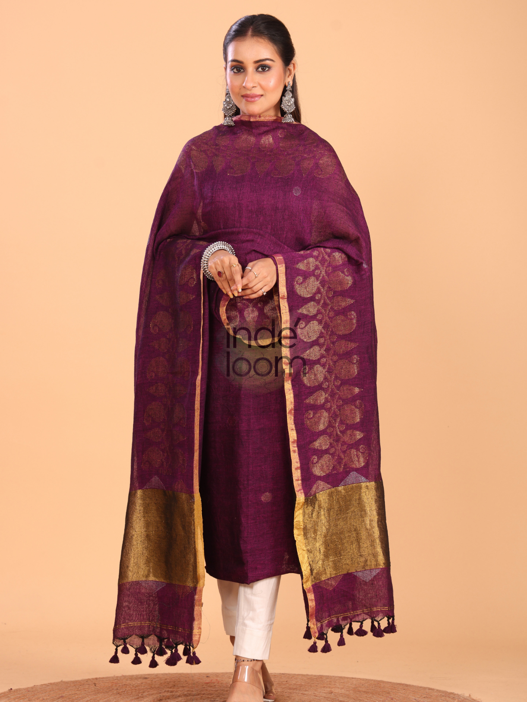 Wine Purple  Linen Jamdani 2-Piece Set Kurti & Dupatta (UNSTITCHED) - 050