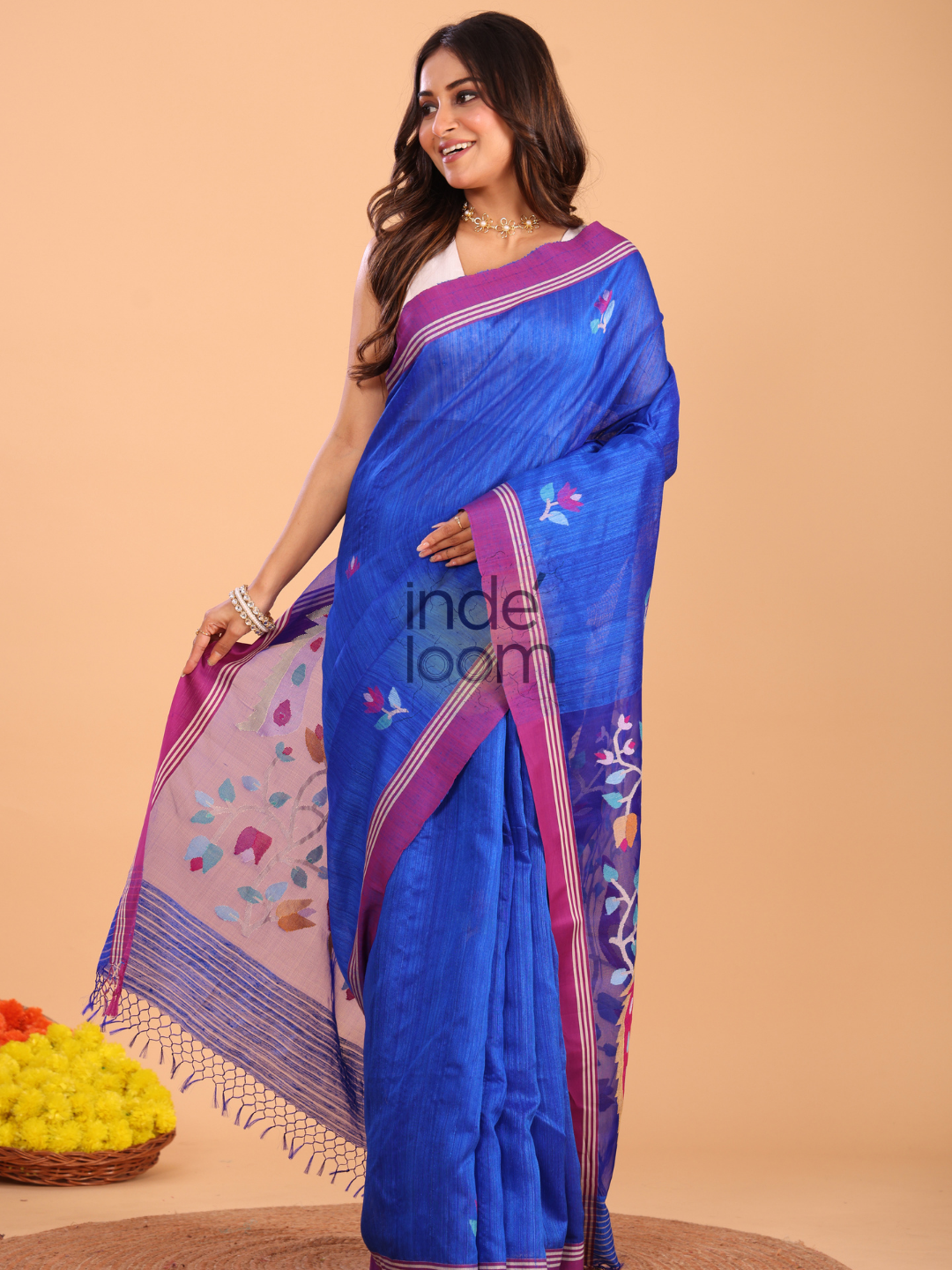 Silk Jamdani Saree With Burgundy Indigo Blue - 157