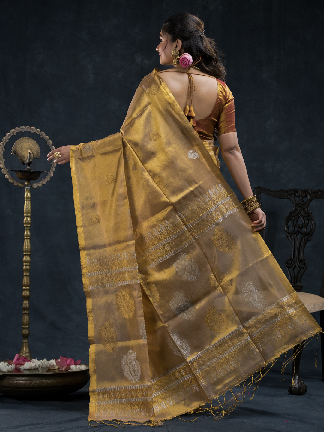 Tissue Silk Saree In Metallic Gold And Golden Border -025