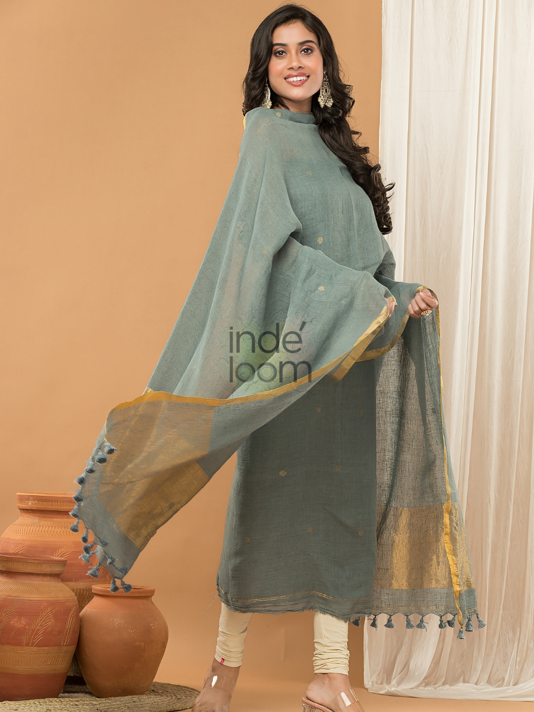 Grey Green color with cream shade Jamdani 2-Piece Set Kurti & Dupatta (UNSTITCHED) - 163
