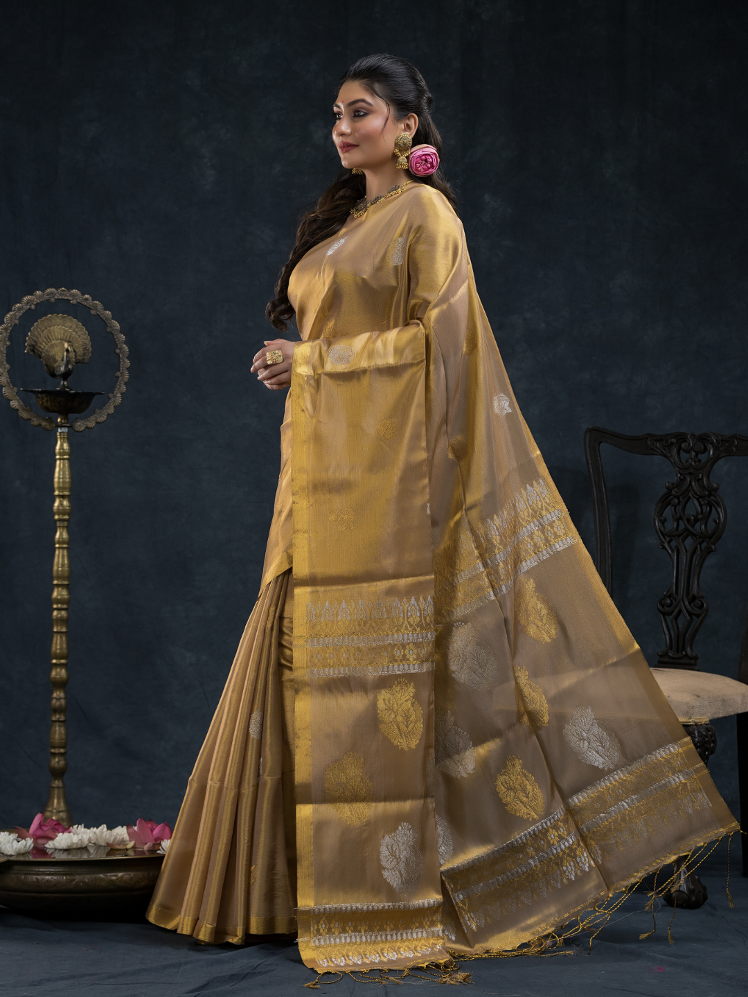 Tissue Silk Saree In Metallic Gold And Golden Border -025