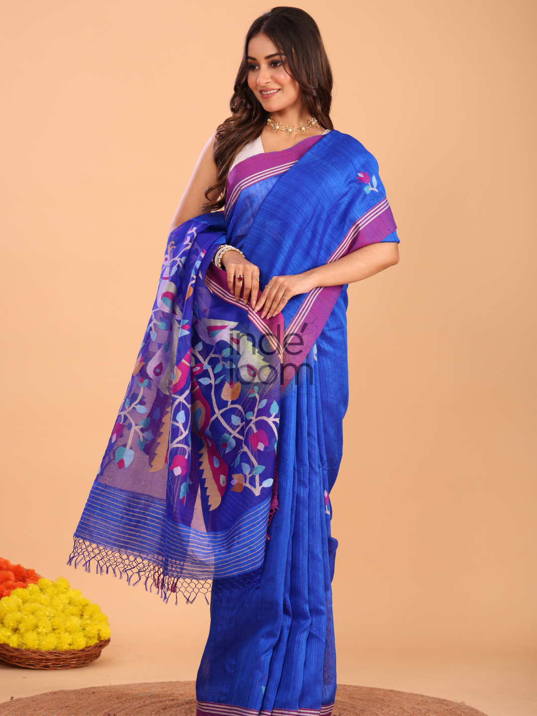 Silk Jamdani Saree With Burgundy Indigo Blue - 157