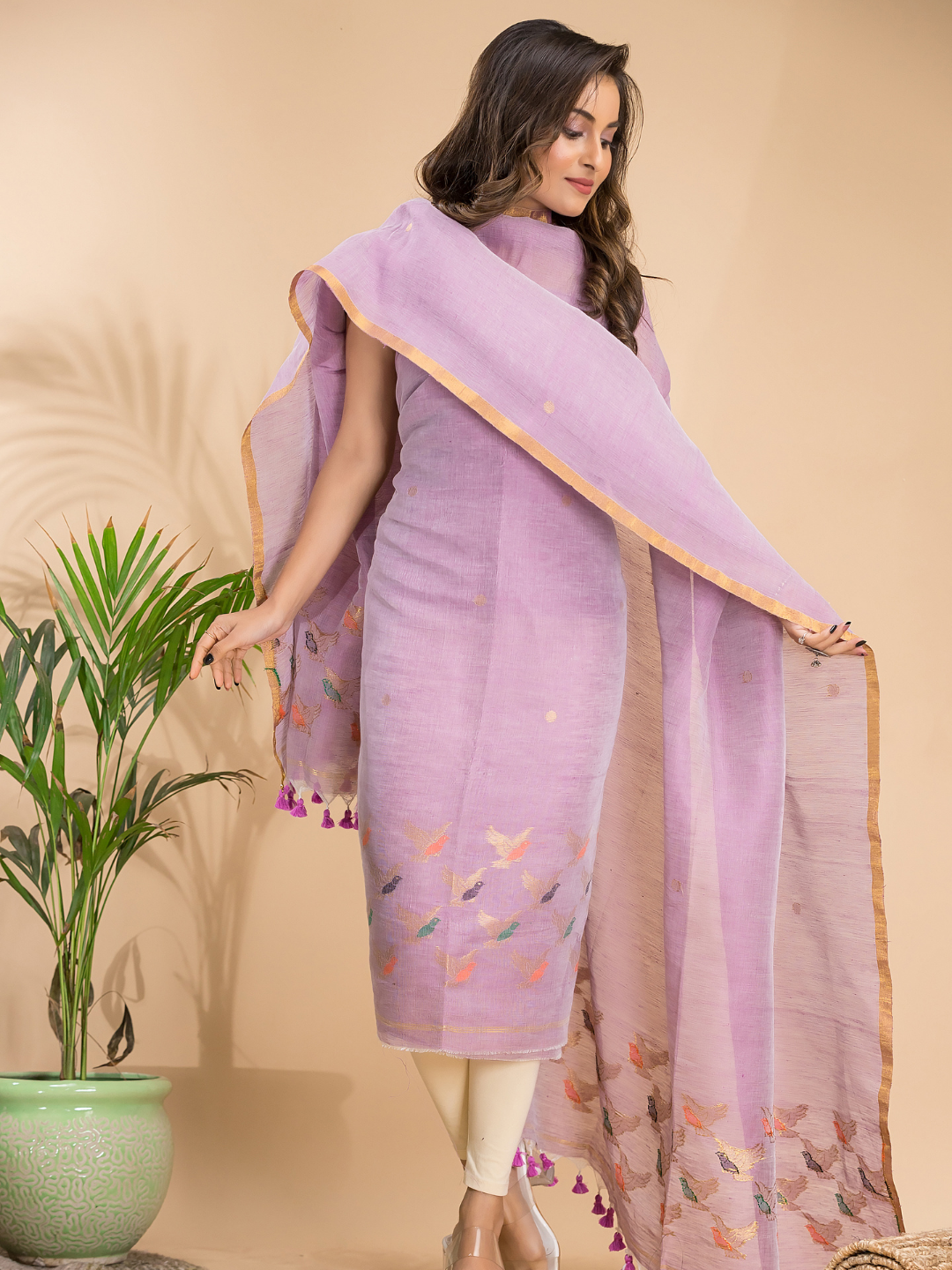 Baby Pink Cotton Linen 2-Piece Set Kurti & Dupatta (UNSTITCHED) - 105