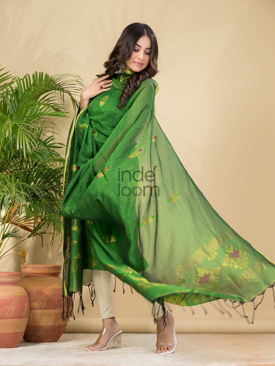 Jungle Green Mercerised Cotton Meenakari Motif 2-Piece Kurti & Dupatta (UNSTITCHED)-871