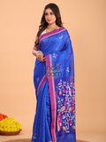 Silk Jamdani Saree With Burgundy Indigo Blue - 157