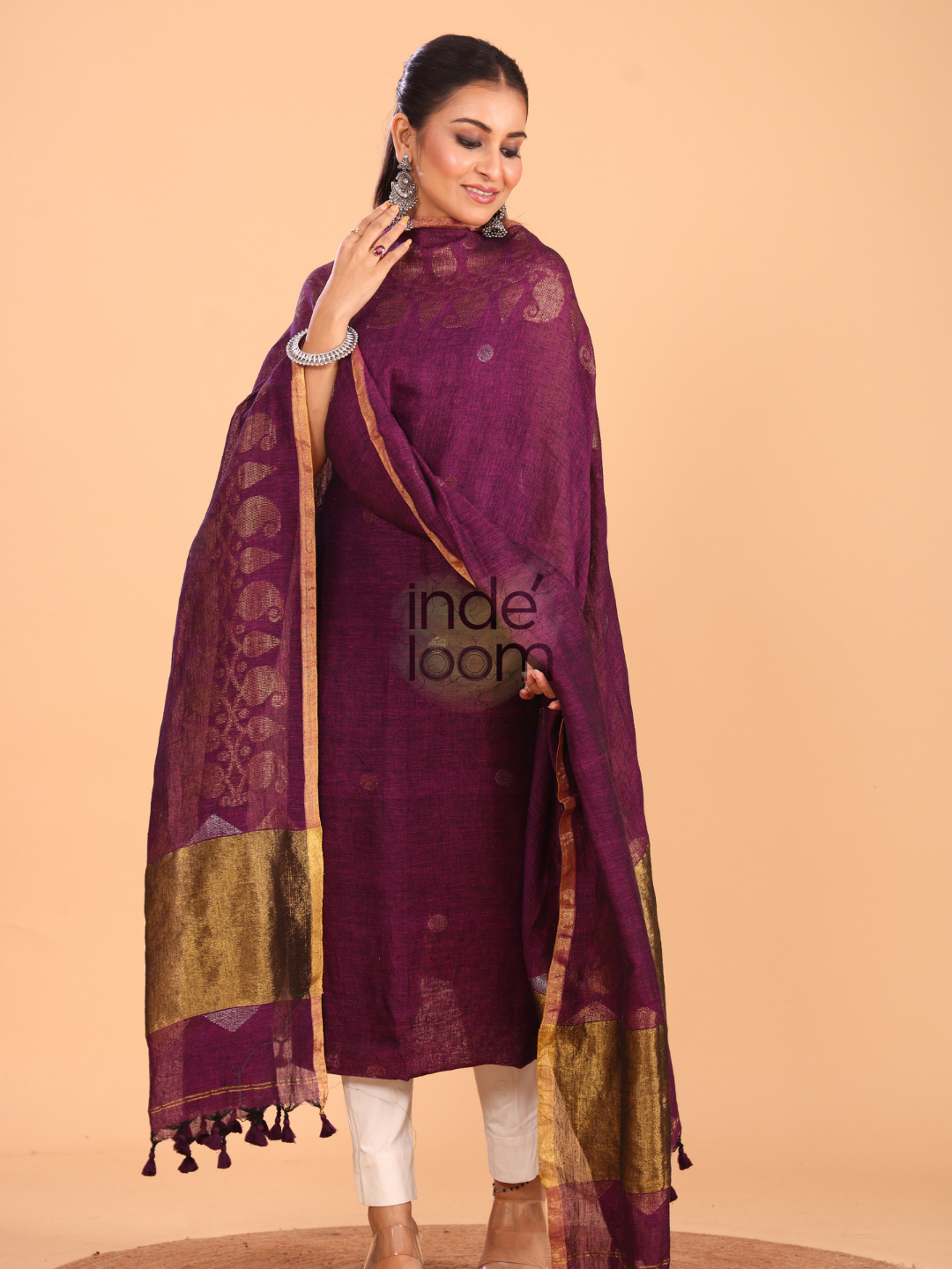 Wine Purple  Linen Jamdani 2-Piece Set Kurti & Dupatta (UNSTITCHED) - 050
