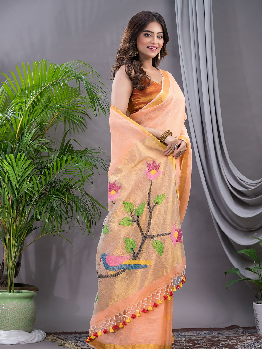 Linen Jamdani Saree With Neon Orange - 029