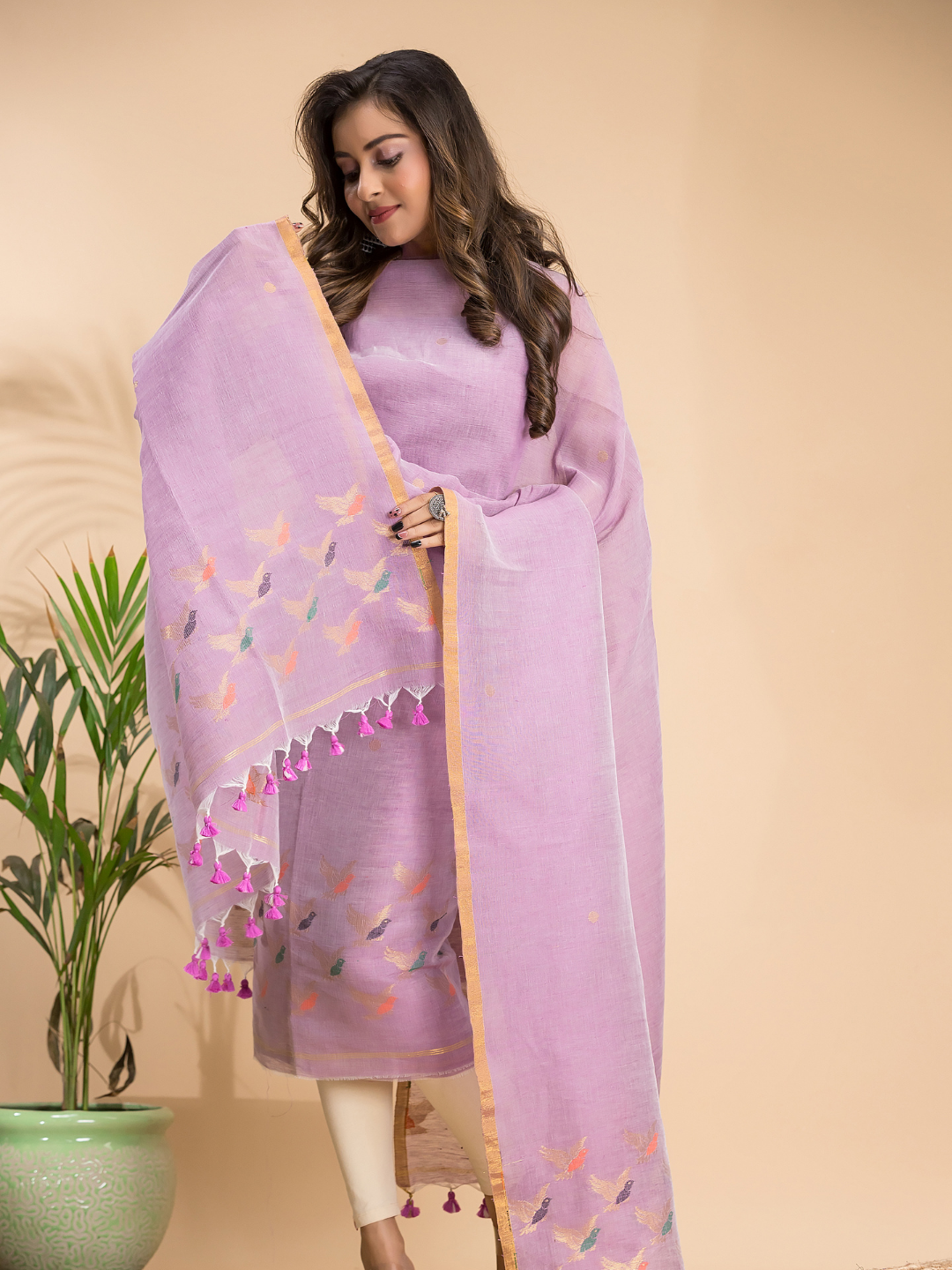 Baby Pink Cotton Linen 2-Piece Set Kurti & Dupatta (UNSTITCHED) - 105