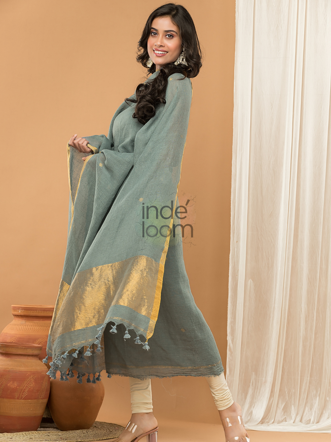 Grey Green color with cream shade Jamdani 2-Piece Set Kurti & Dupatta (UNSTITCHED) - 163