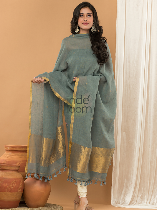 Grey Green color with cream shade Jamdani 2-Piece Set Kurti & Dupatta (UNSTITCHED) - 163