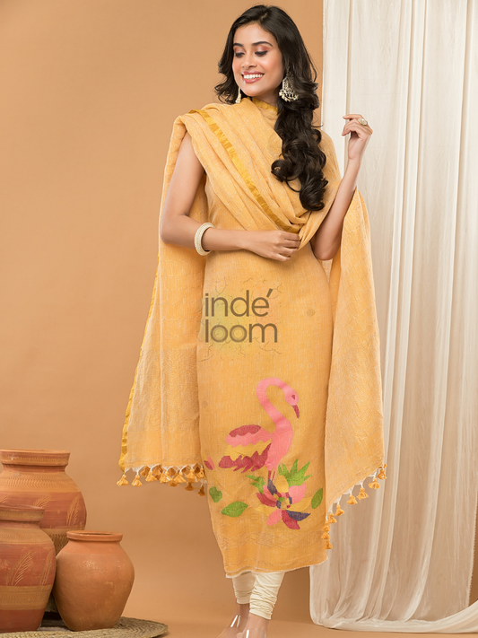 Handwoven Jamdani Linen Unstitched 2-piece Kurti  |  Mustard Yellow