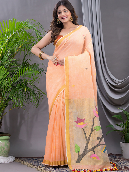 Handwoven Pure Jamdani Linen Saree  |  Peach Orange