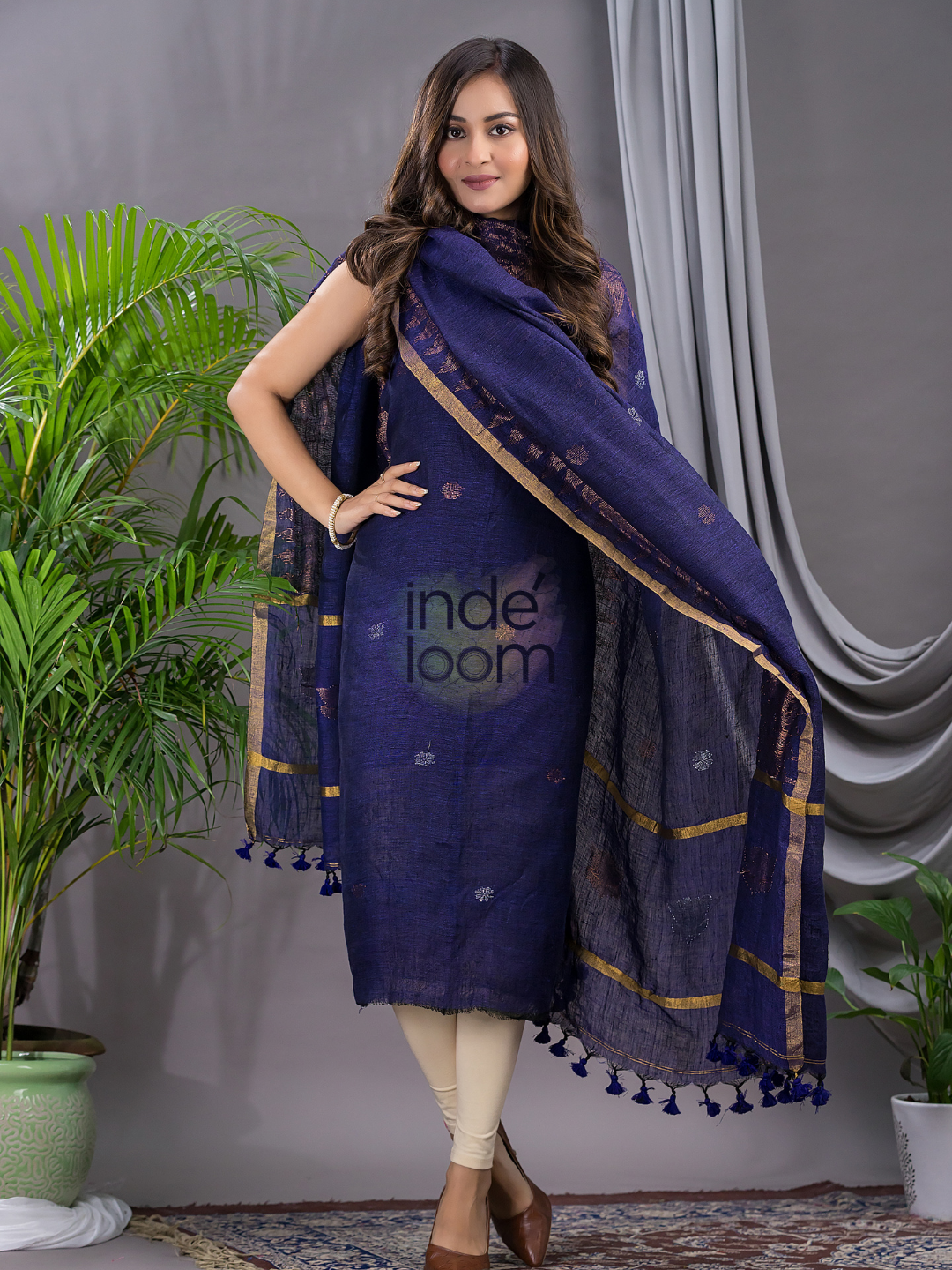 Midnight Blue Linen X Linen 2-Piece Set Kurti & Dupatta (UNSTITCHED) - 127