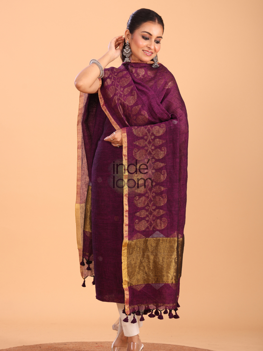 Wine Purple  Linen Jamdani 2-Piece Set Kurti & Dupatta (UNSTITCHED) - 050