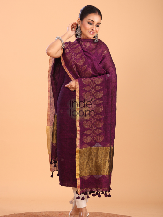 Wine Purple  Linen Jamdani 2-Piece Set Kurti & Dupatta (UNSTITCHED) - 050