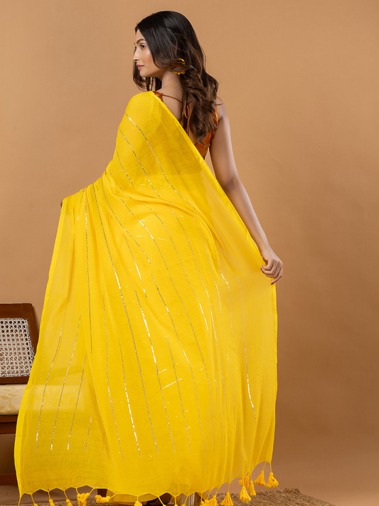 Pure Handloom Mul Cotton Saree | Bright Yellow