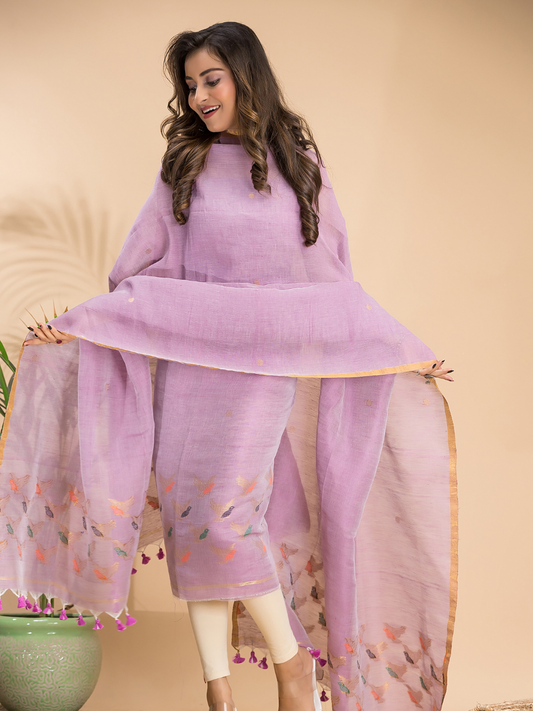 Baby Pink Cotton Linen 2-Piece Set Kurti & Dupatta (UNSTITCHED) - 105