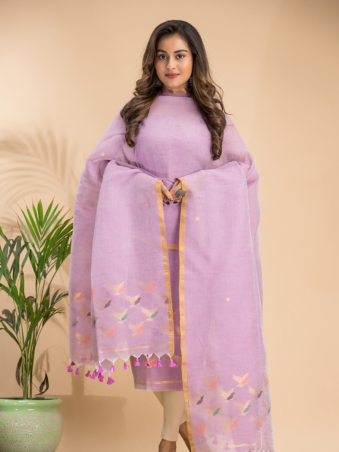 Baby Pink Cotton Linen 2-Piece Set Kurti & Dupatta (UNSTITCHED) - 105