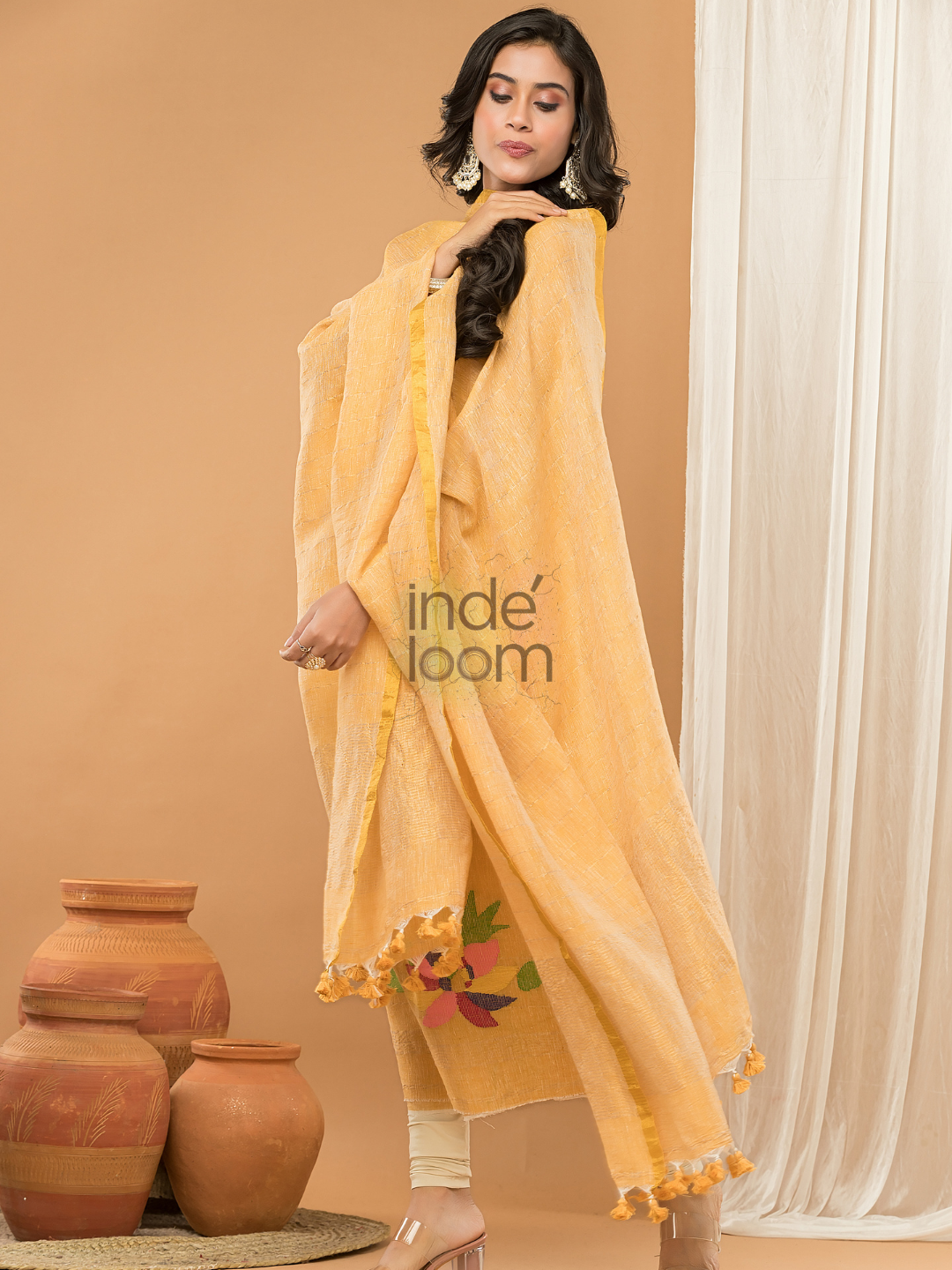 Honey Yellow | Handloom Jamdani Linen Unstitched 2-Piece Kurti