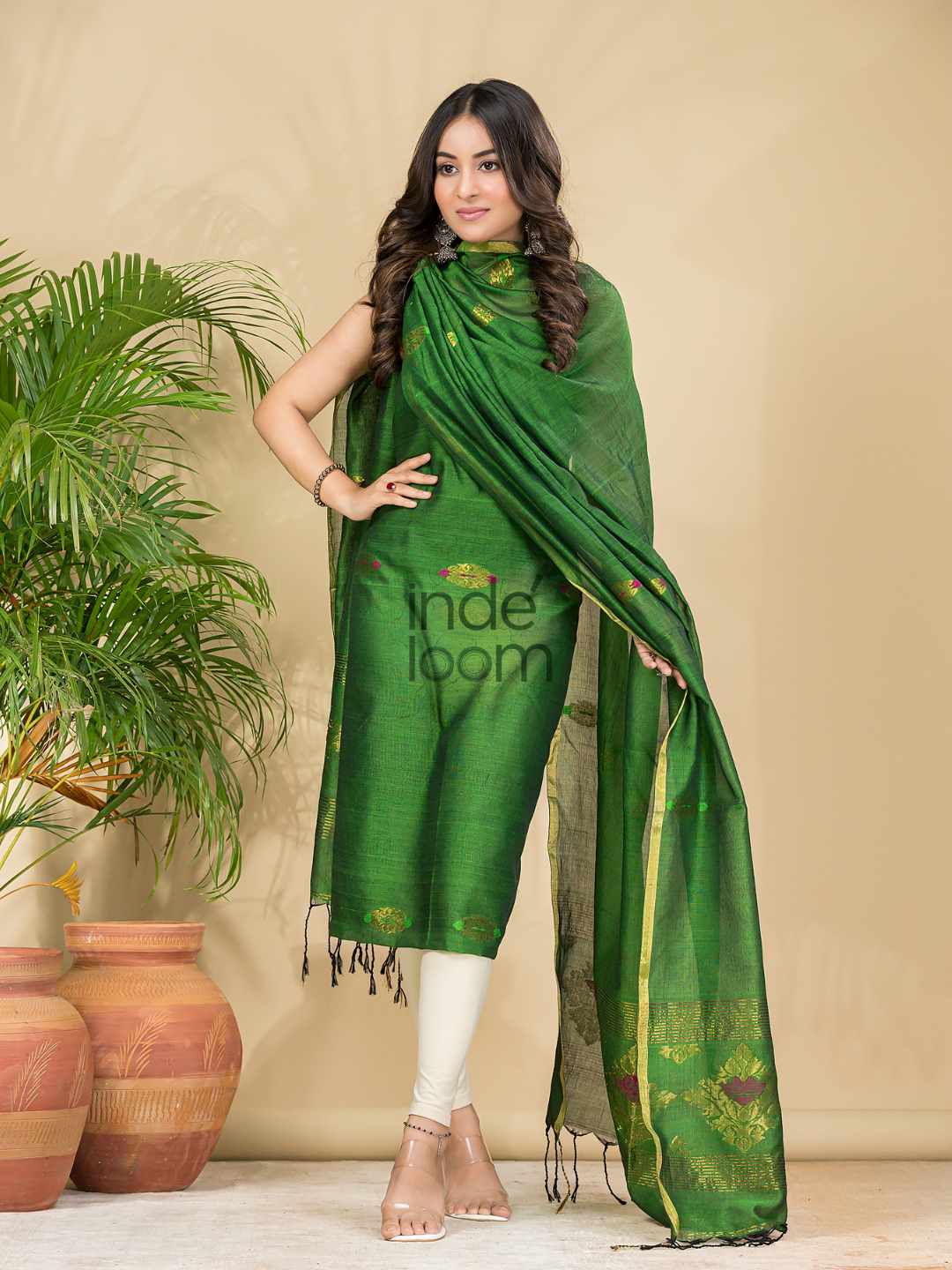 Jungle Green Mercerised Cotton Meenakari Motif 2-Piece Kurti & Dupatta (UNSTITCHED)-871