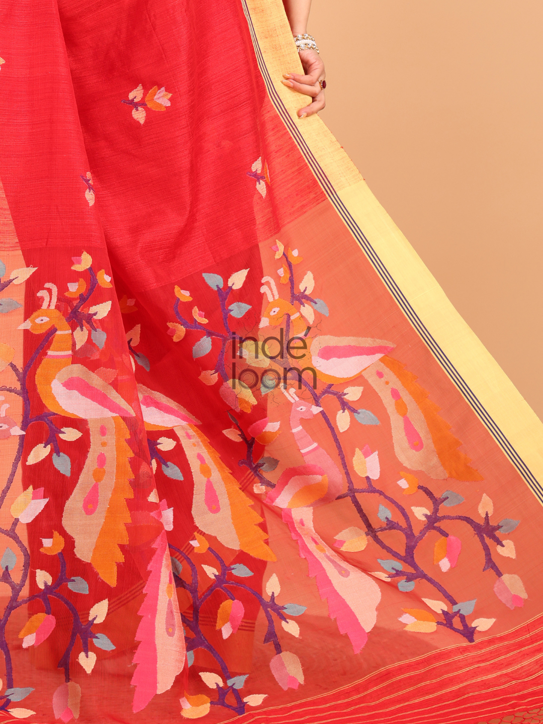 Silk Jamdani Saree With Burgundy Imperial Red - 158