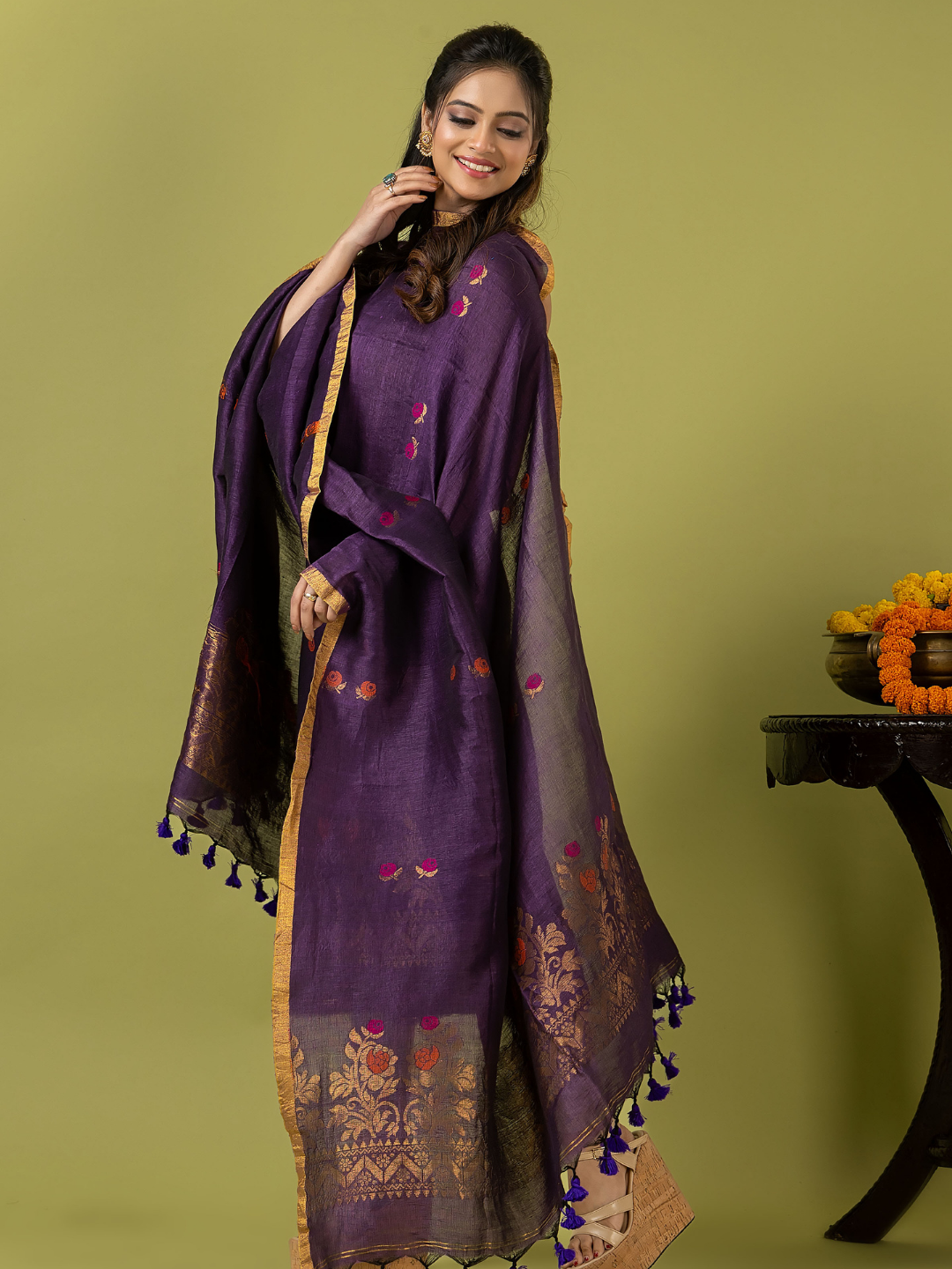 Handwoven Jamdani Linen Unstitched 2-piece Kurti | Aubergine Purple